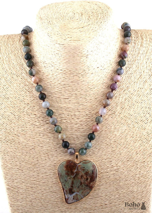 Boho Necklace, RH India Agated Green Heart Natural Stone
